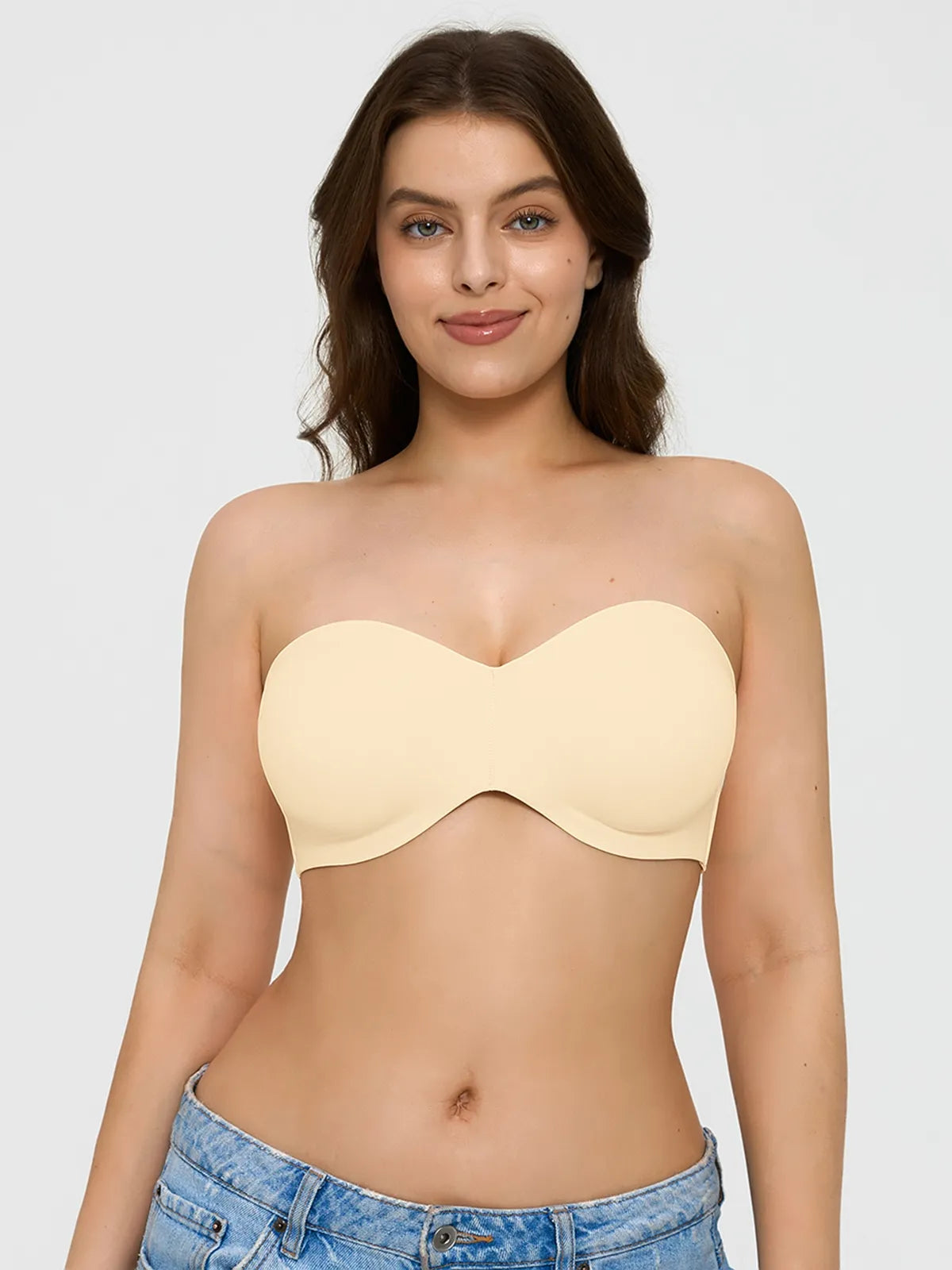 Popilush? strapless push-up bra in beige, ideal for shapewear dresses. Seamless design for support and shaping.