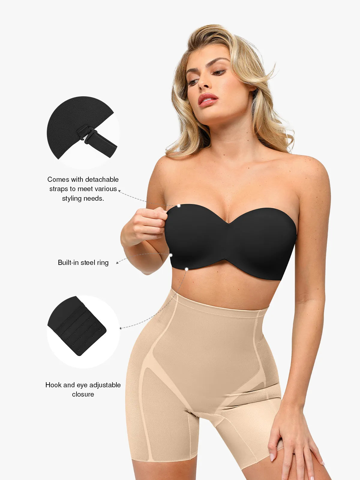 Popilush? strapless bra with shapewear, for support and versatility with removable straps.